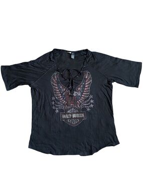 Harley Davidson American Flag Eagle Laced Front V-Neck Y2K Style Shirt